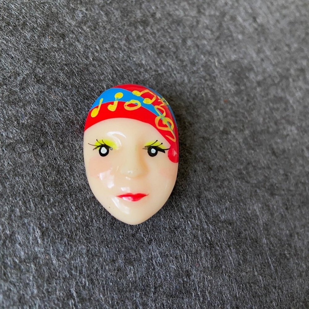 Vintage 1980's Hand Painted Lucite Lady Face Mime Clown Face Brooch Pin
